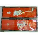A pair of 20thC Japanese red lacquered and overpainted panels,