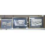 Twelve 20thC Japanese coloured woodblock prints largest 10'' x 18'' framed HSR