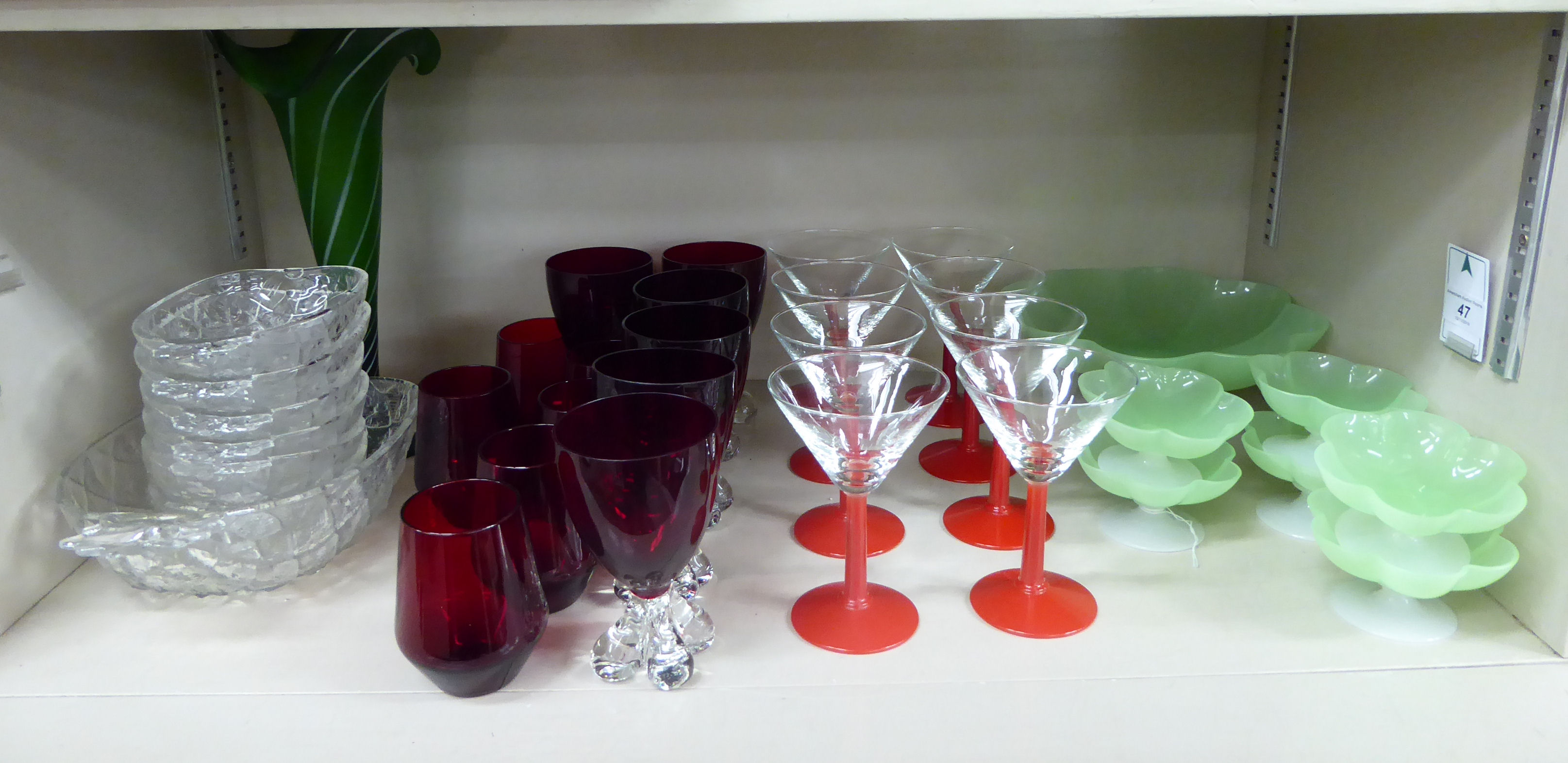 Decorative glassware: to include a set of eight 1970s red and clear cocktail glasses OS10