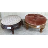 Two similar late 19thC walnut framed circular footstools with upholstered tops,