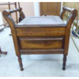 A 1920s stained beech and mahogany box stool with ring turned, flank bar handles,