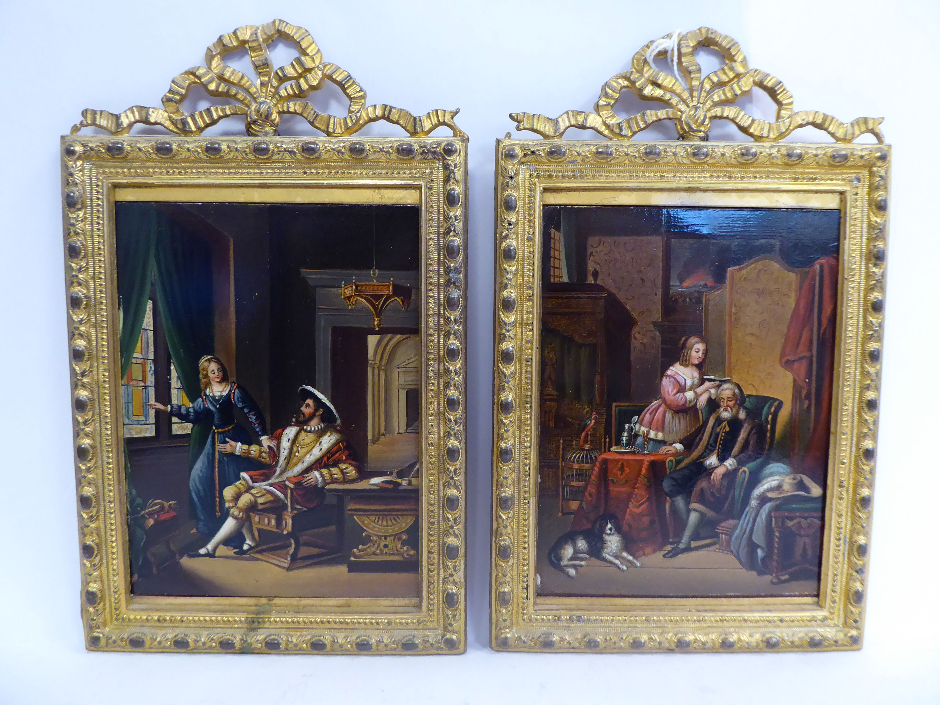 A pair of miniature 17th & 18thC interior domestic scenes 5'' x 3.