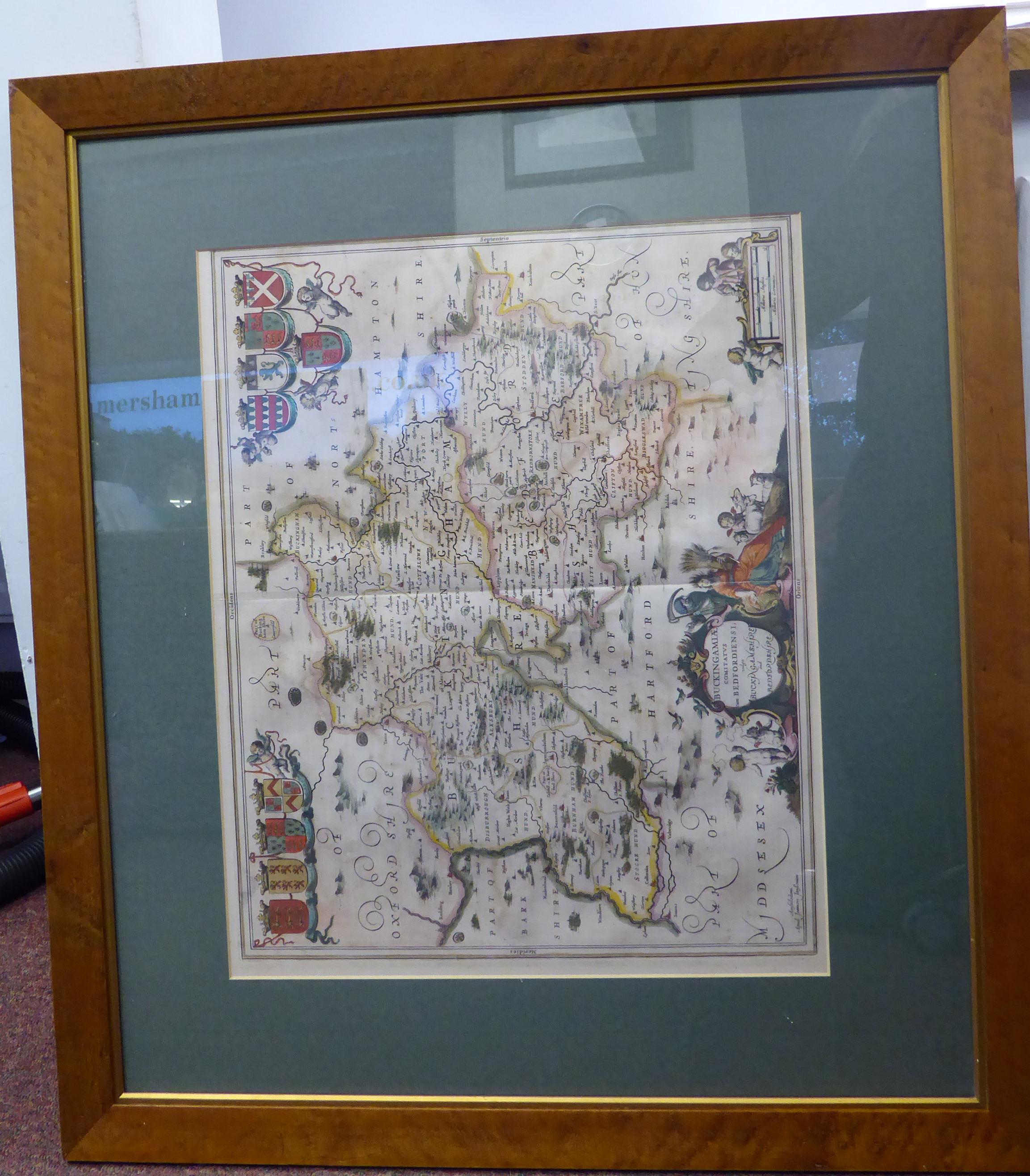 A mid 17thC Jansson coloured county map 'Buckingamiae Comitatus cum Bedfordiensis; - Image 2 of 5
