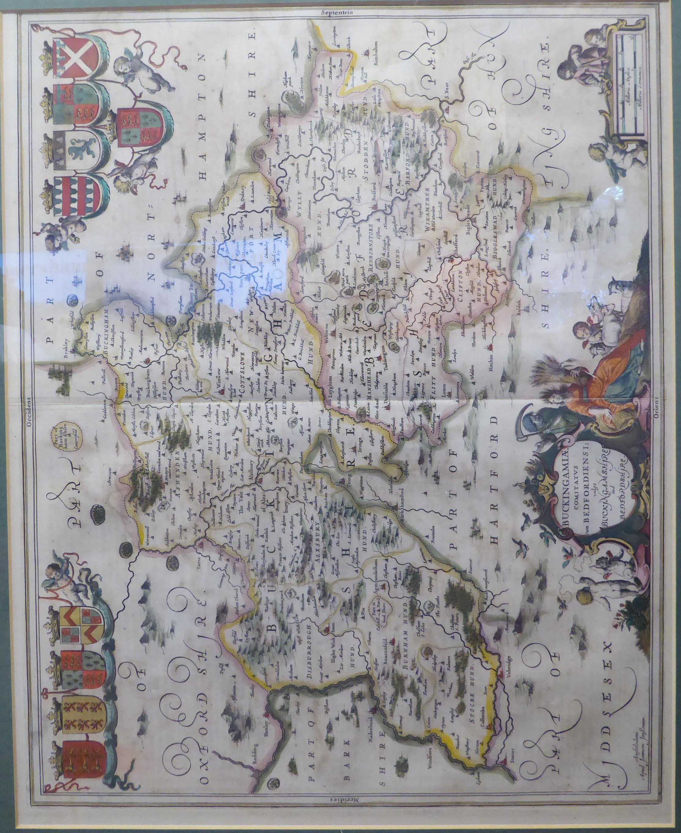 A mid 17thC Jansson coloured county map 'Buckingamiae Comitatus cum Bedfordiensis;