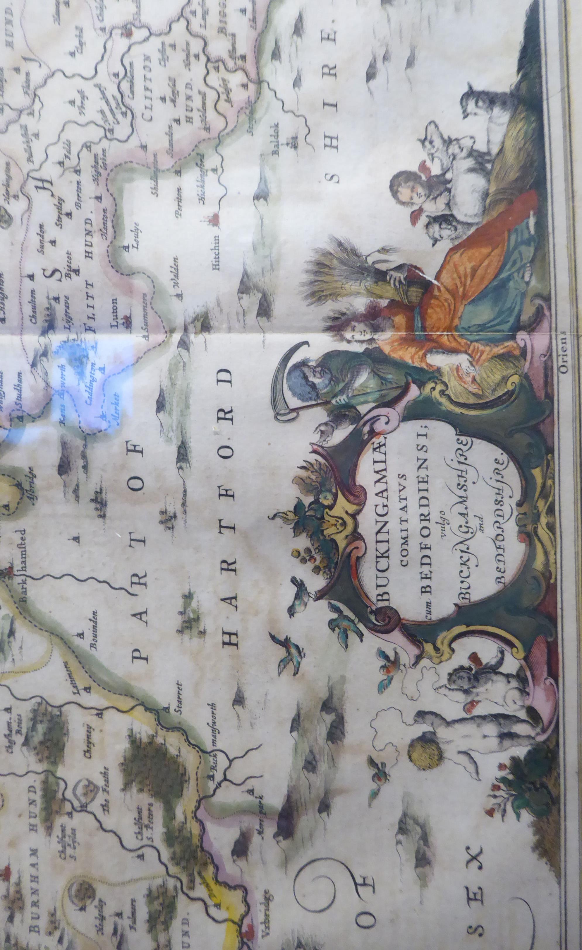 A mid 17thC Jansson coloured county map 'Buckingamiae Comitatus cum Bedfordiensis; - Image 5 of 5