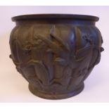 A late 19thC Japanese cast and patinated bronze jardiniere of segmented, bulbous form,