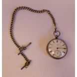 A silver cased pocket watch, faced by a white enamel Roman dial with subsidiary seconds,