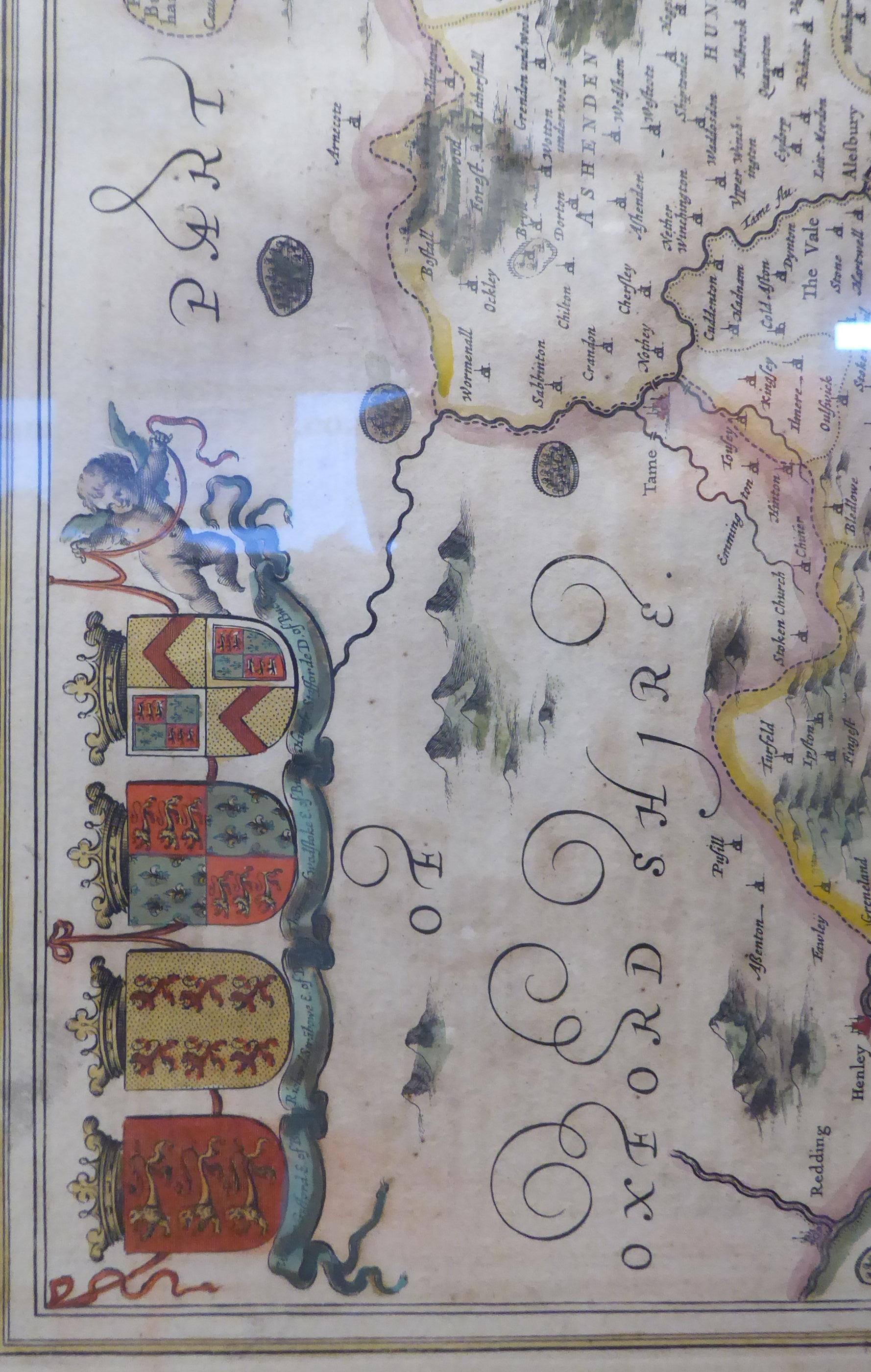 A mid 17thC Jansson coloured county map 'Buckingamiae Comitatus cum Bedfordiensis; - Image 3 of 5