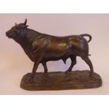 A cast and patinated bronze model, a standing bull, on a naturalistic,