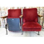 A conjoined pair of 1930s cast iron framed cinema chairs with studded maroon dralon upholstery,