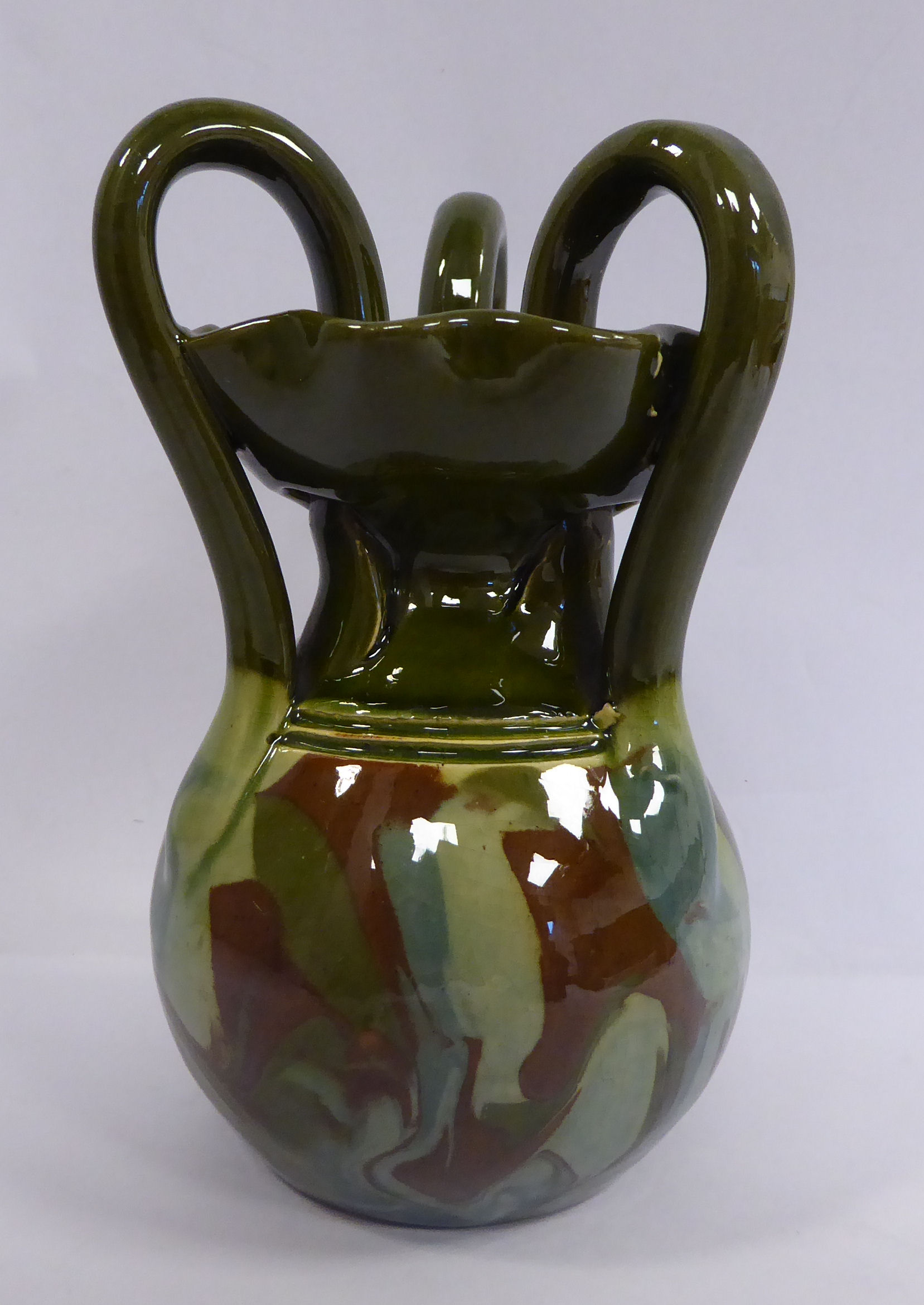 A Barum ware green and brown, part marbelised glazed pottery jug of bulbous form with a narrow neck, - Image 3 of 6