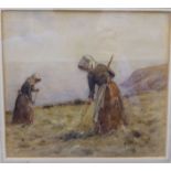 DA Baxter Jr - gleaners working in a coastline field watercolour bears a signature & dated 1908