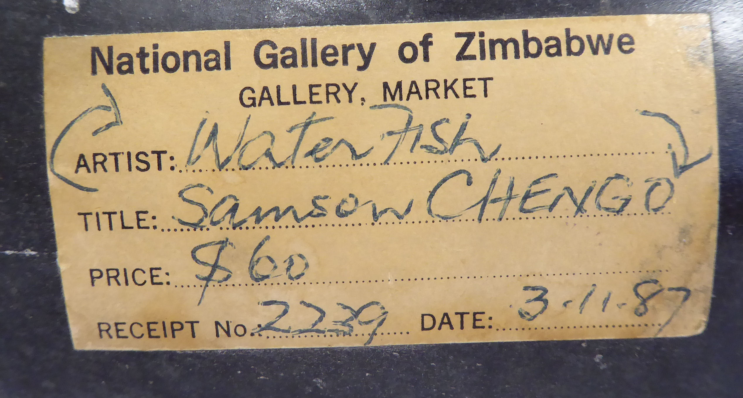 Samson Chengo - 'Water Fish' a carved green hardstone sculpture bears a label for 'National - Image 7 of 9