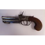 A late 18thC Twigg of London three barrel flintlock pistol with a folding bayonet,
