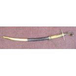 A 19thC probably Middle Eastern sword, having a scrolled, horn clad handle and brass hilt,