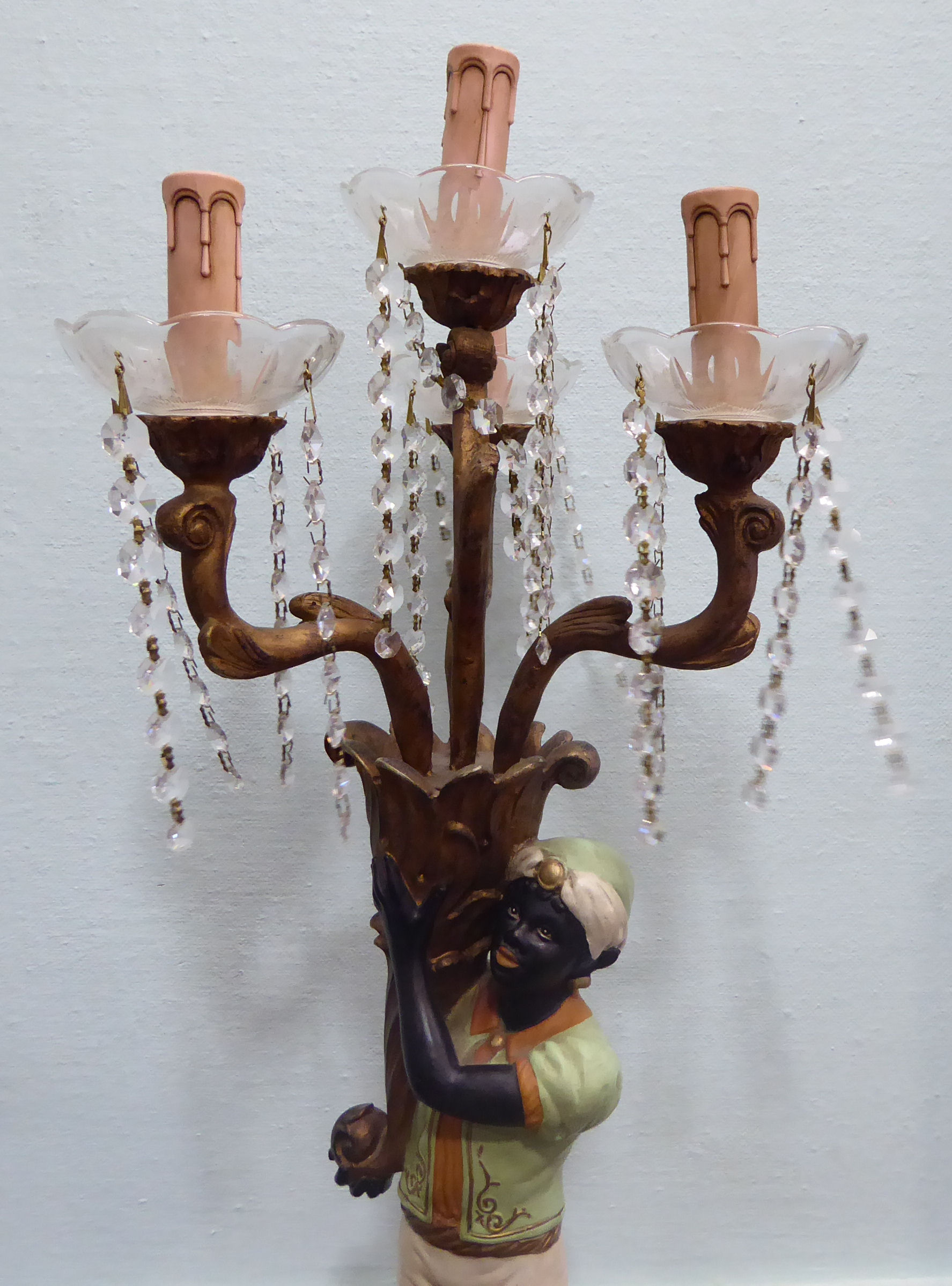 A 19thC style blackamoor table lamp, the standing figure elevating a cornucopia and four, - Image 2 of 5