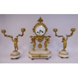 An early 20thC Continental gilt metal and grey onyx, three piece clock garniture,