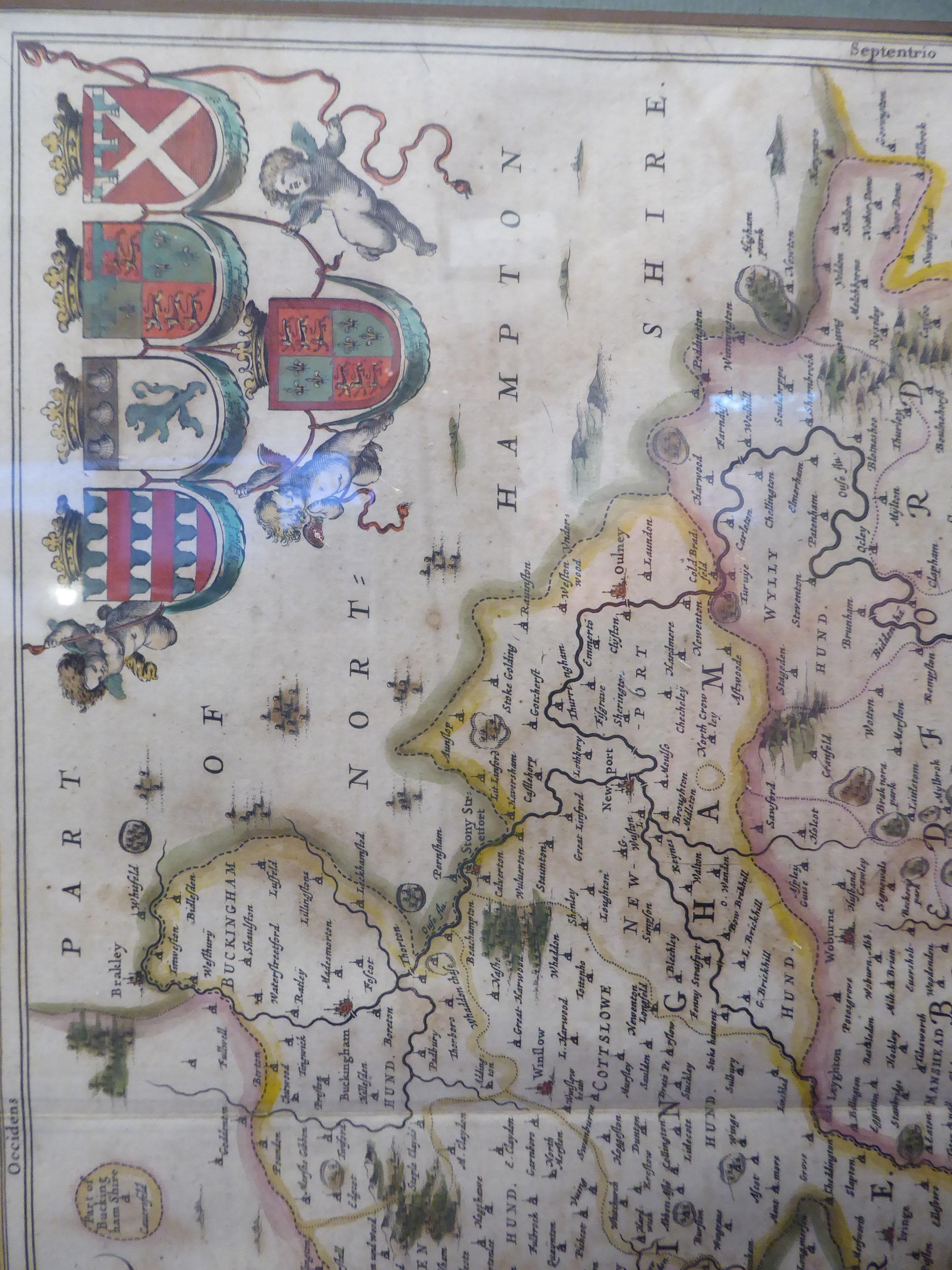 A mid 17thC Jansson coloured county map 'Buckingamiae Comitatus cum Bedfordiensis; - Image 4 of 5