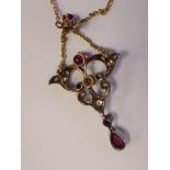 A Victorian gold coloured metal framed diamond, spinel and seed pearl set pendant,
