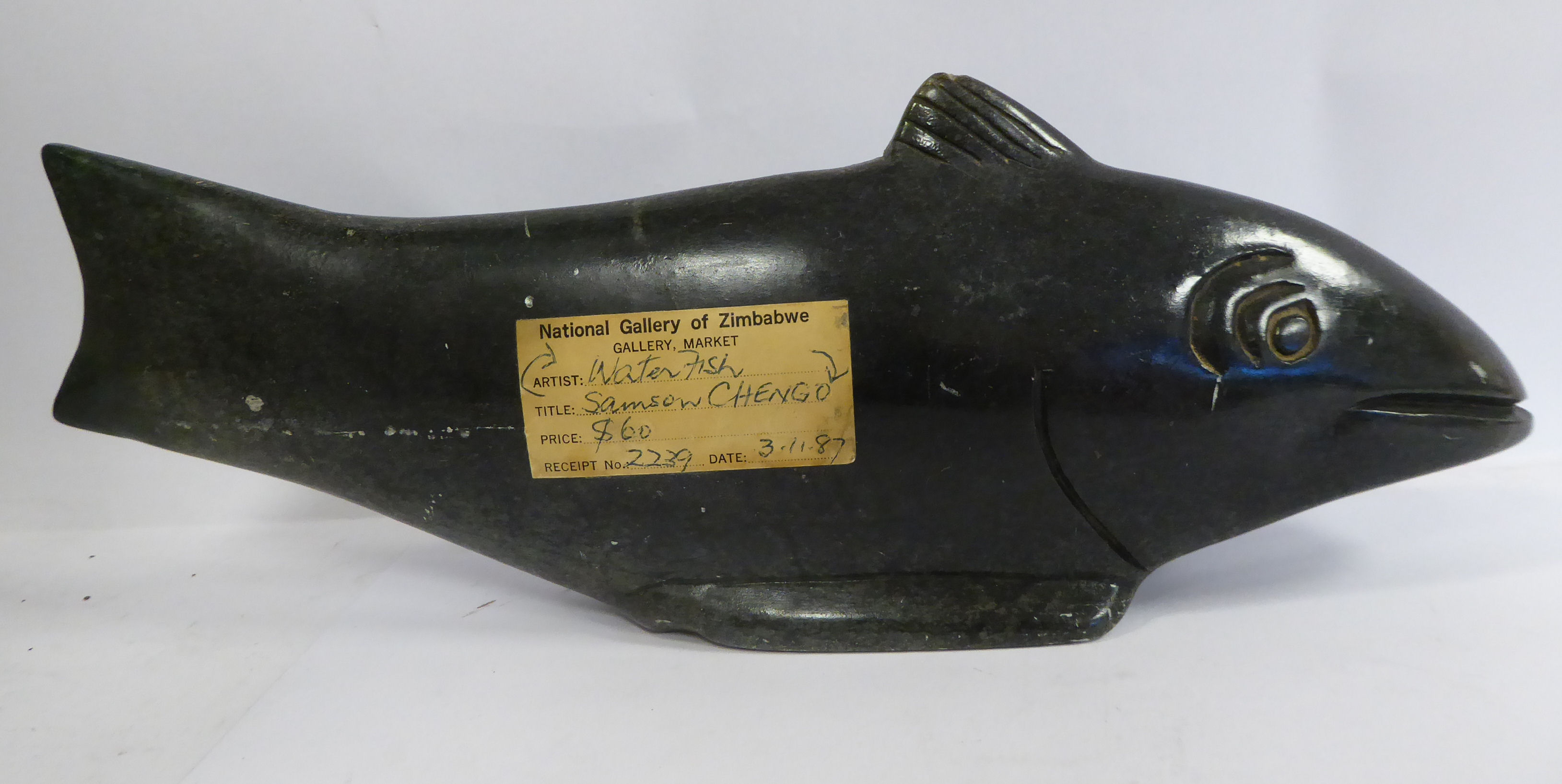 Samson Chengo - 'Water Fish' a carved green hardstone sculpture bears a label for 'National - Image 6 of 9