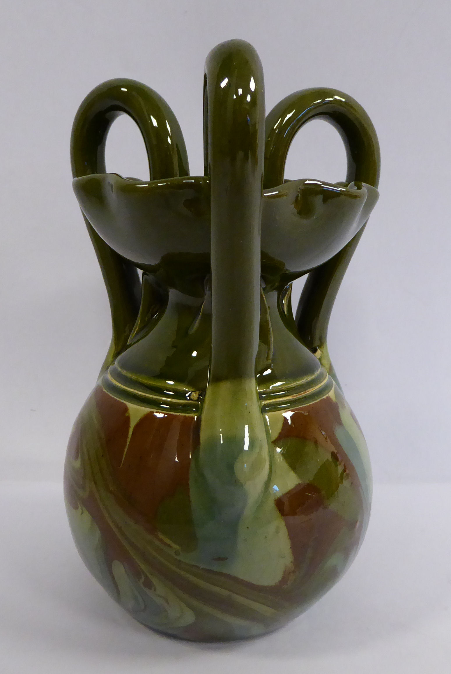A Barum ware green and brown, part marbelised glazed pottery jug of bulbous form with a narrow neck, - Image 2 of 6