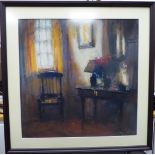 Roger Dellar - an interior scene with flowers on a table beside a chair watercolour,