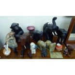Ceramics and wooden ornaments: to include monkey's and elephants,