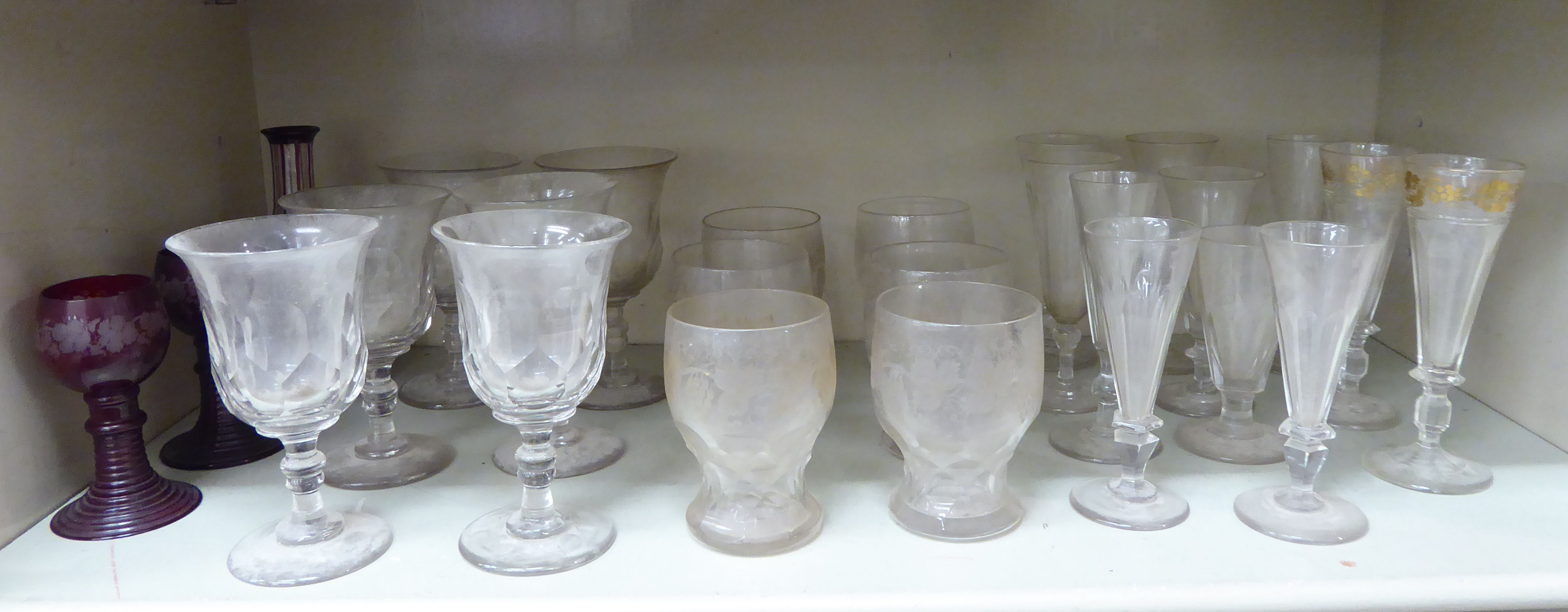 20thC glassware: to include pedestal champagne flutes with floral gilded decoration OS6