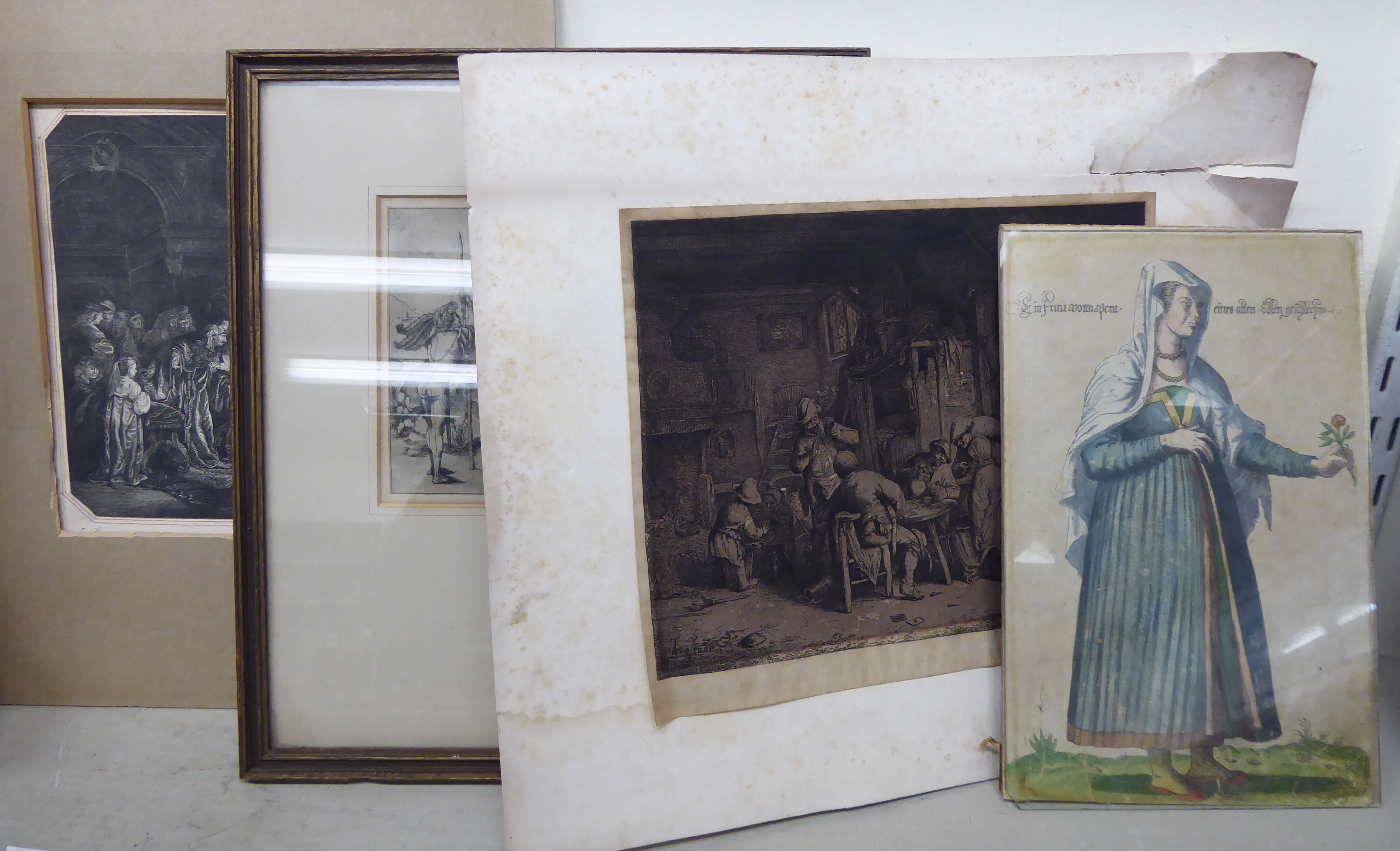 19thC monochrome and coloured unframed engravings: to include an interior scene 8'' x 10''