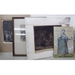 19thC monochrome and coloured unframed engravings: to include an interior scene 8'' x 10''