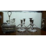 A Georgian style silver plated and cut crystal seven piece cruet;