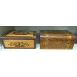 A late Victorian walnut veneered and band inlaid workbox with straight sides,