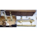 A mixed lot: to include three lacquered brass picture lights 25''L;