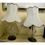 Two dissimilar 20thC cut crystal table lamps with line-cut ornament 18'' & 14''h LAB