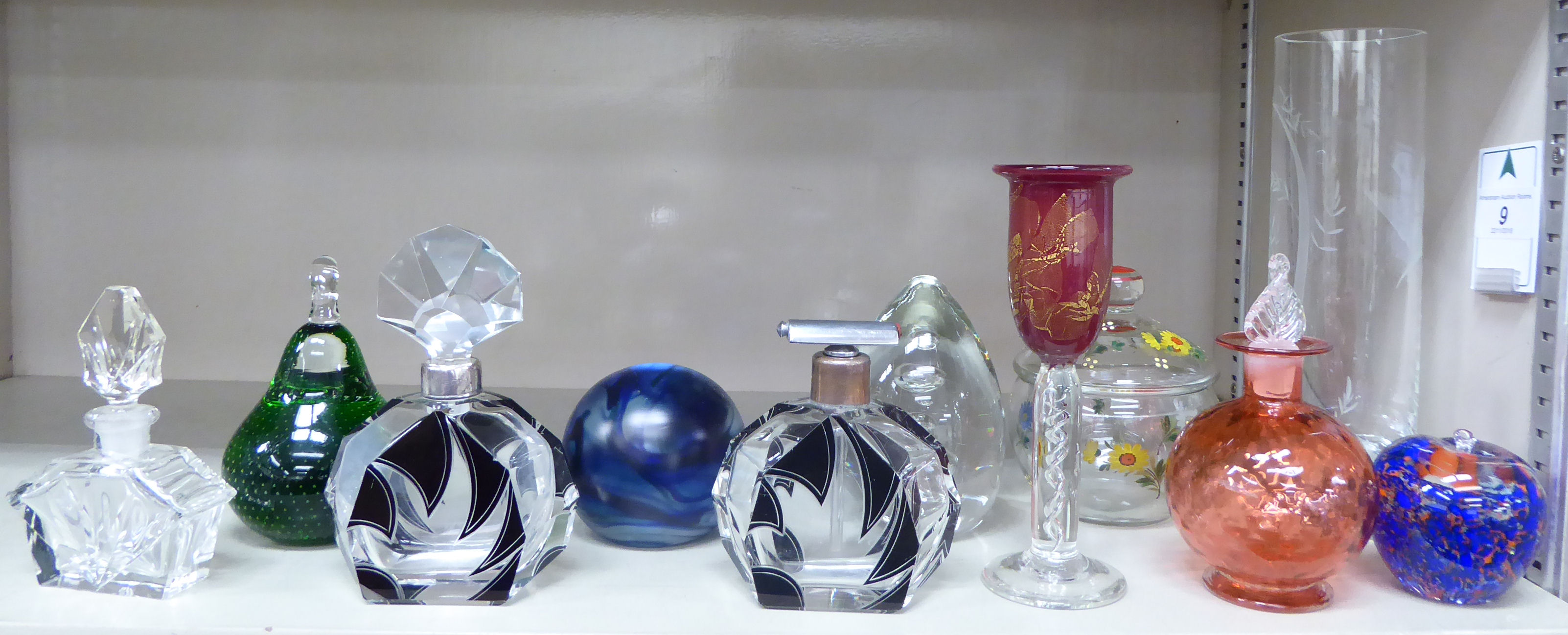 Decorative glassware: to include two Art Deco inspired dressing table bottles,