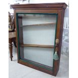 A modern stained pine hanging display cabinet, enclosed by a full-height,