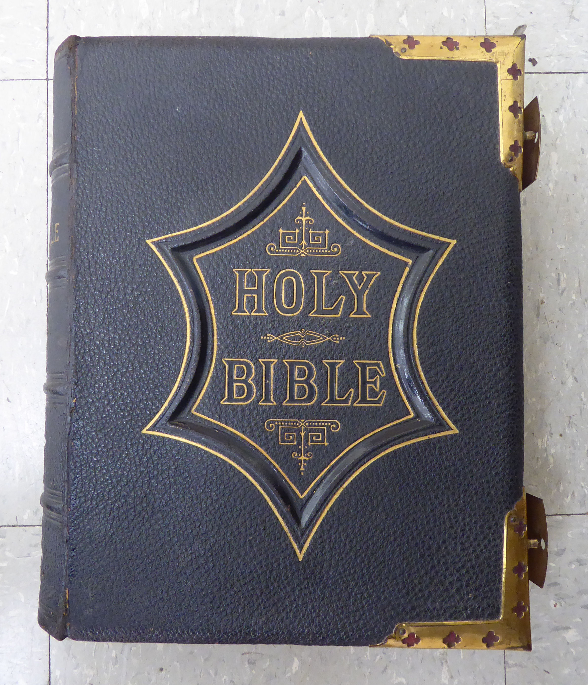 A 19thC brass mounted hide bound family Bible CA