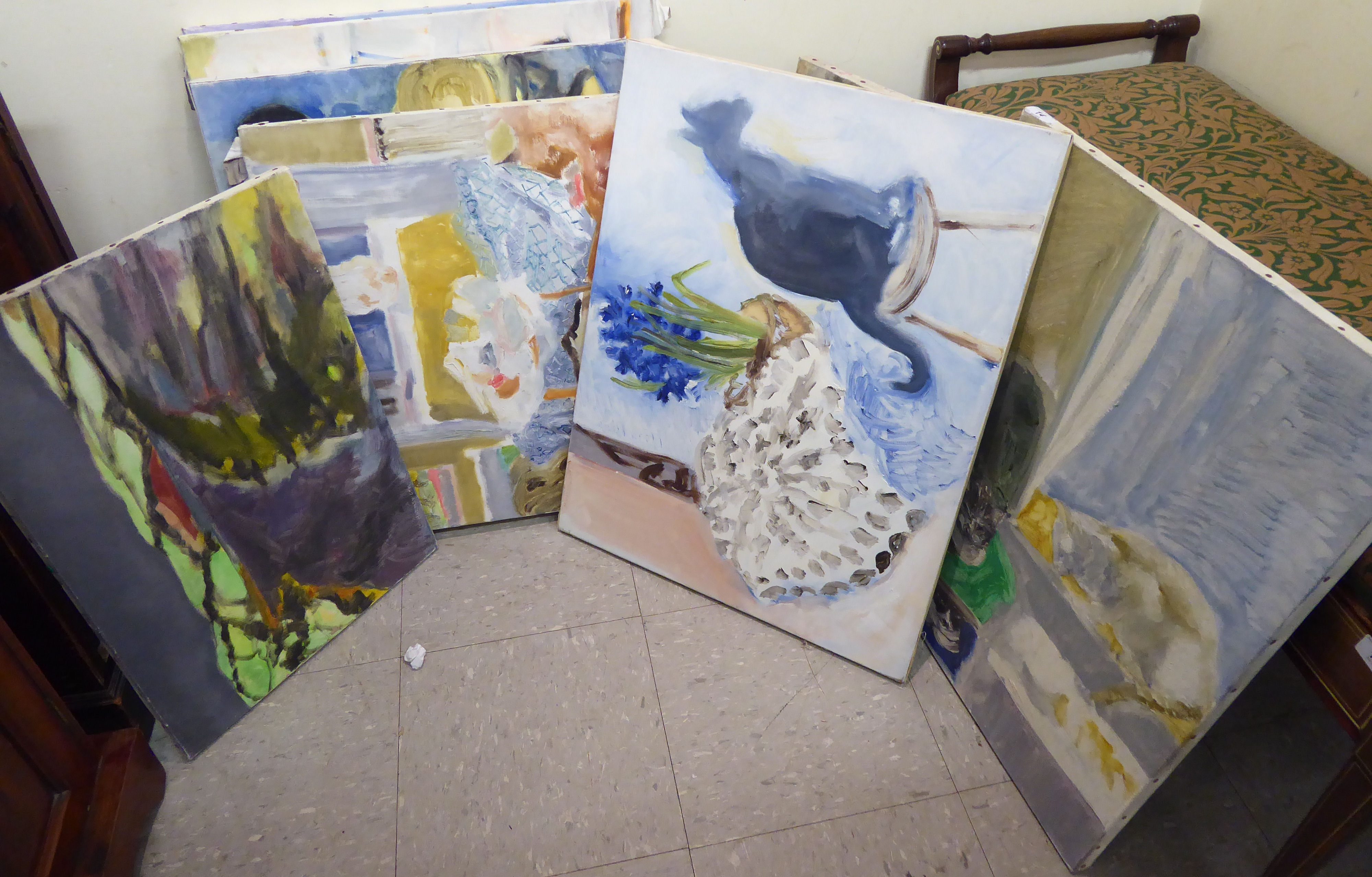Unframed works by Margaret Harmsworth: to include still life studies and interior scenes oil on
