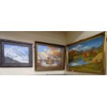 Three framed pictures: to include a winter scene with birds on a mountainside oil on board 17'' x