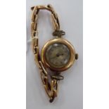 A lady's 'antique' 9ct rose gold round cased bracelet wristwatch,