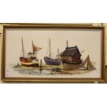 Fischer - three moored fishing boats mixed media bears a signature 16'' x 36'' framed RSF