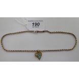 A 15ct gold belcher link necklace, on a bayonet clasp and a wire framed, heart shaped pendant,