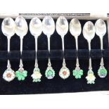 A set of eight silver teaspoons with differing enamelled terminals Birmingham 1949 boxed 11