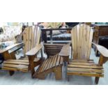 A pair of modern slatted and planked honey coloured pine framed 'poolside' chairs with high,