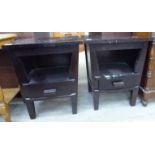 A pair of stained hardwood bedside tables, each with a mitred top, an open shelf and short drawer,