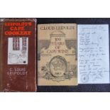 Leipoldt (Louis) Lot of 2; LEIPOLDT'S CAPE COOKERY / 300 YEARS OF CAPE WINE (Includes a hand-written