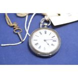 A silver cased open faced fob watch, Birmingham, stamped 'SW', serial no.