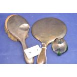 A George V dressing table set comprising: hand mirror and hair brush, by Henry Matthews,