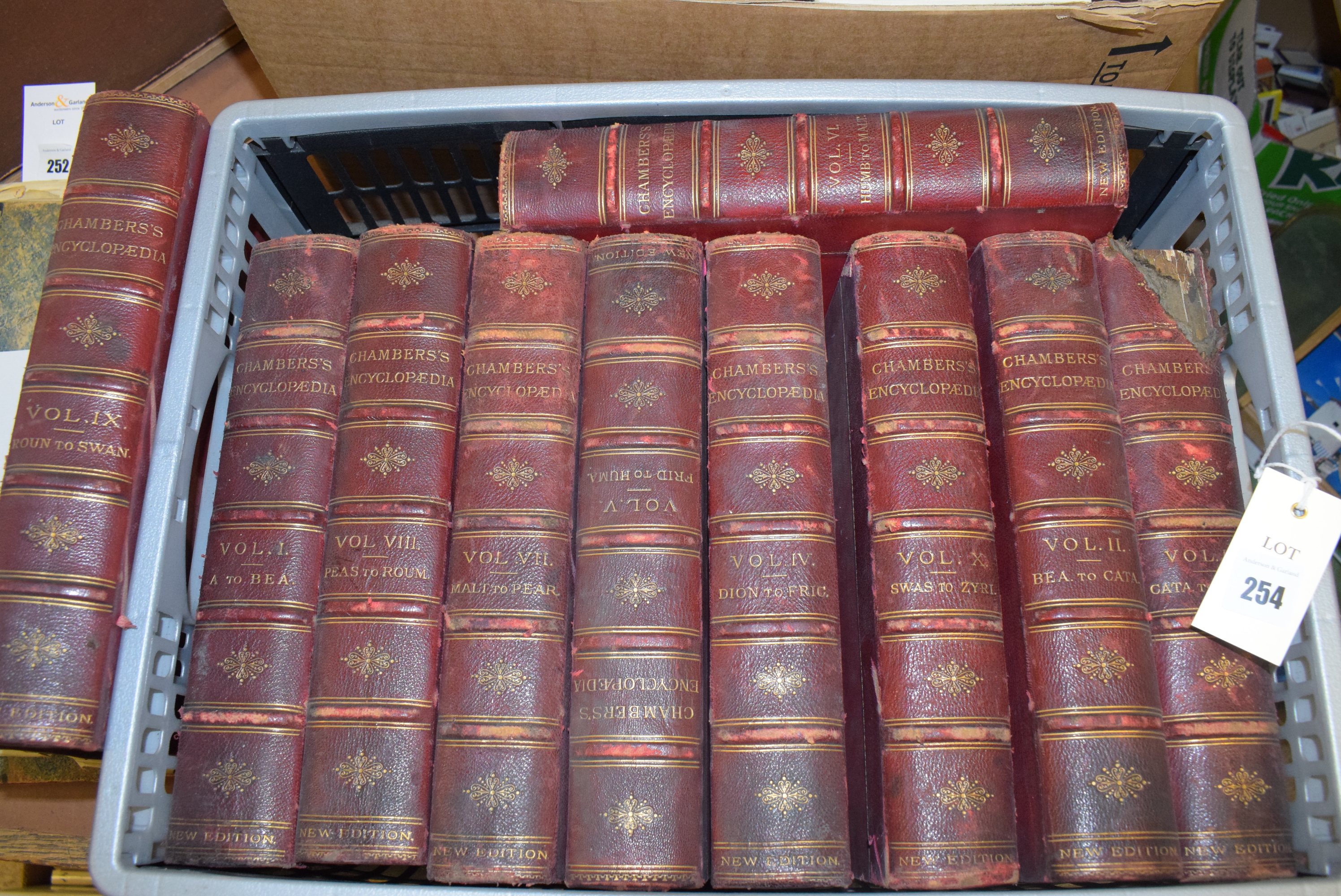 Chambers Encyclopedia, ten volumes in red leather gilt binding.