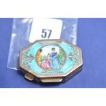 A continental silver and enamel box decorated with a scene of two ladies in a garden,